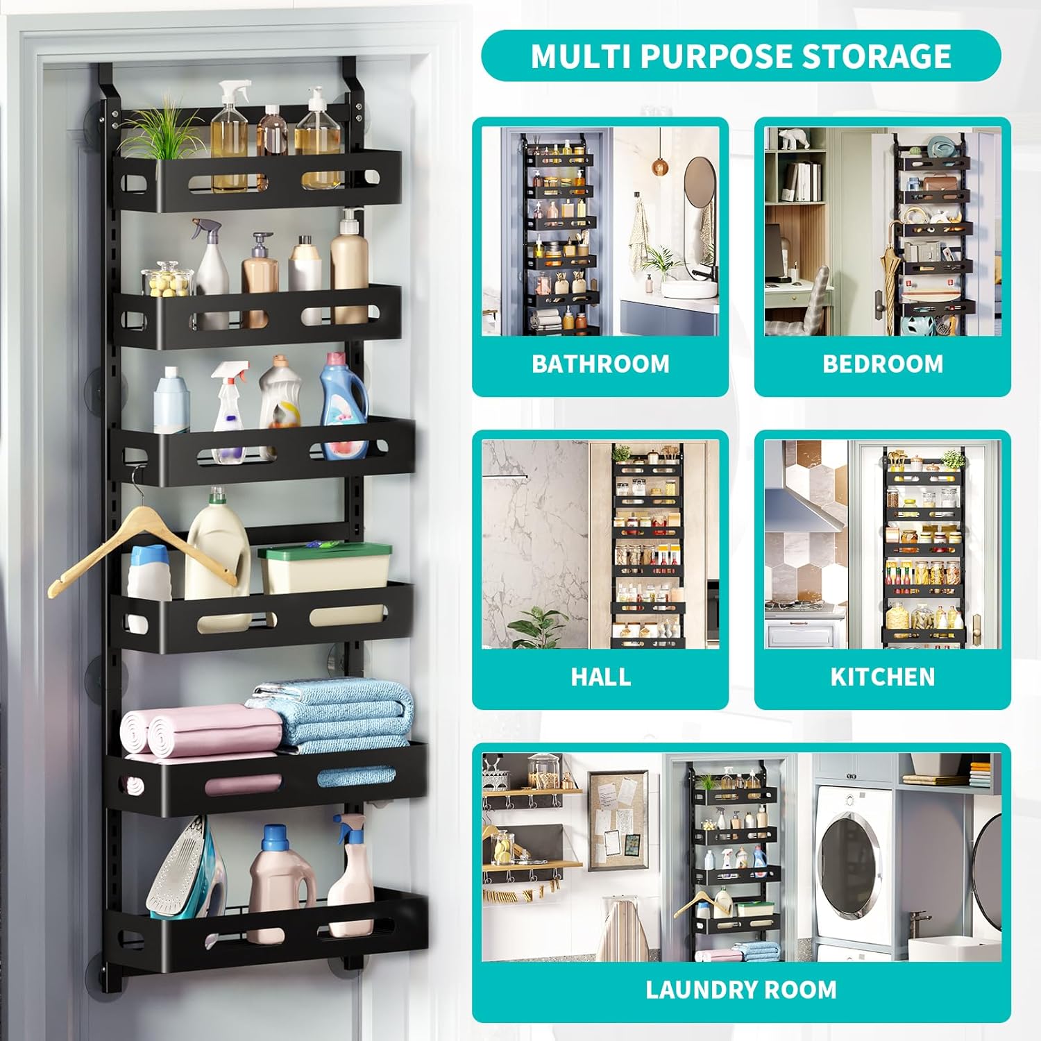 CARLA HOME 6 Tier Over the Door Organizer with Adjustable Metal Pantry Storage Rack and Hanging Baskets for Kitchen and Bathroom - Image 7