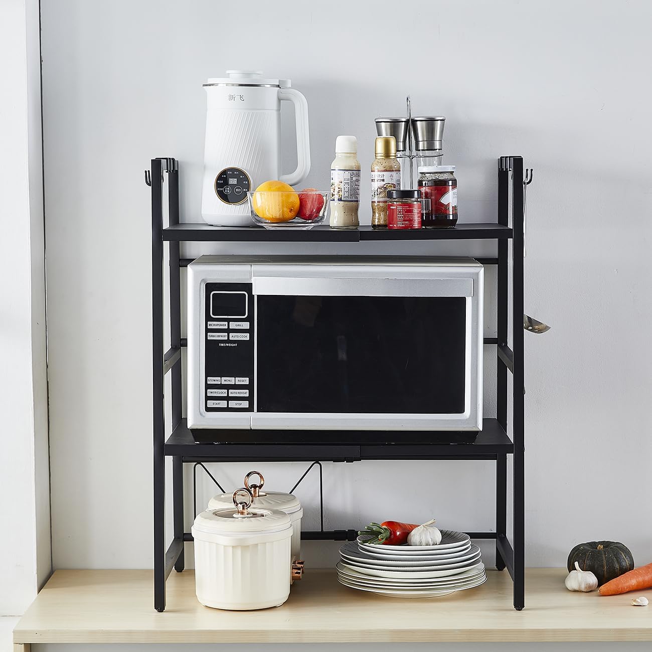 CARLA HOME 3-Tier Microwave Oven Rack with Adjustable Metal Kitchen Shelf Stand for Countertop Storage and 6 Hooks for Utensils - Image 2