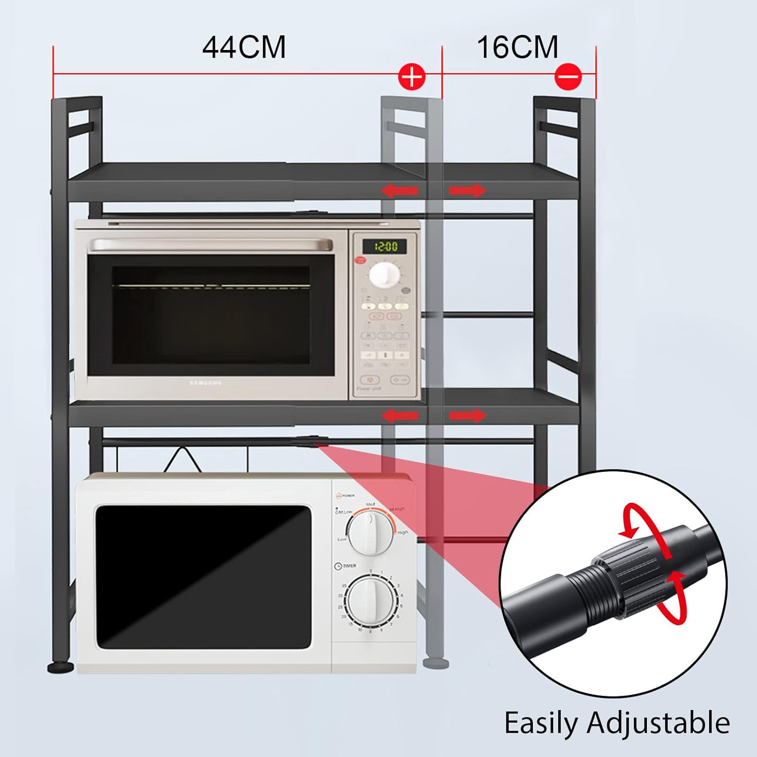 CARLA HOME 3-Tier Microwave Oven Rack with Adjustable Metal Kitchen Shelf Stand for Countertop Storage and 6 Hooks for Utensils - Image 3