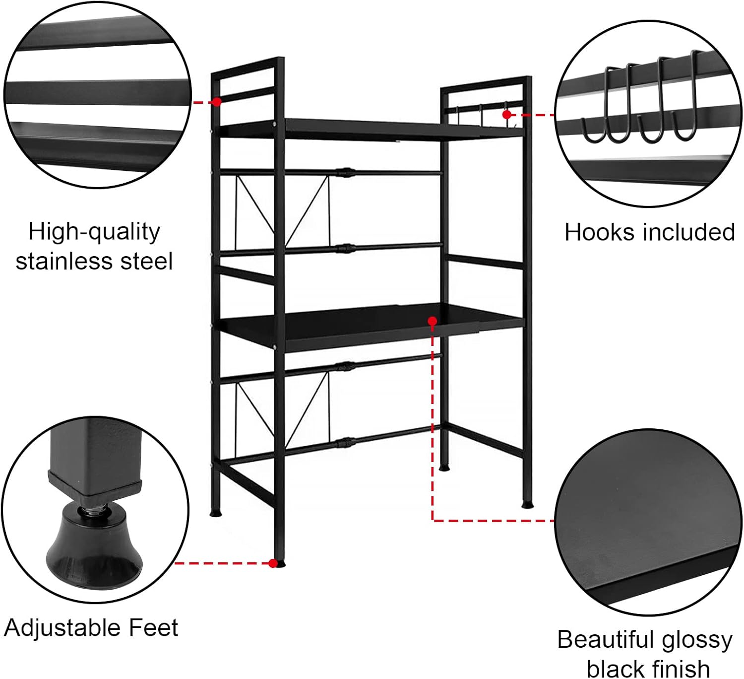 CARLA HOME 3-Tier Microwave Oven Rack with Adjustable Metal Kitchen Shelf Stand for Countertop Storage and 6 Hooks for Utensils - Image 4
