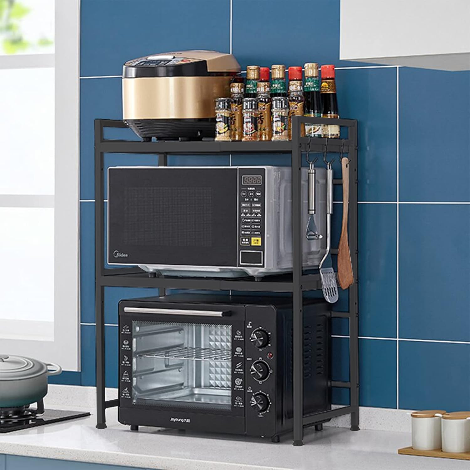 CARLA HOME 3-Tier Microwave Oven Rack with Adjustable Metal Kitchen Shelf Stand for Countertop Storage and 6 Hooks for Utensils - Image 6