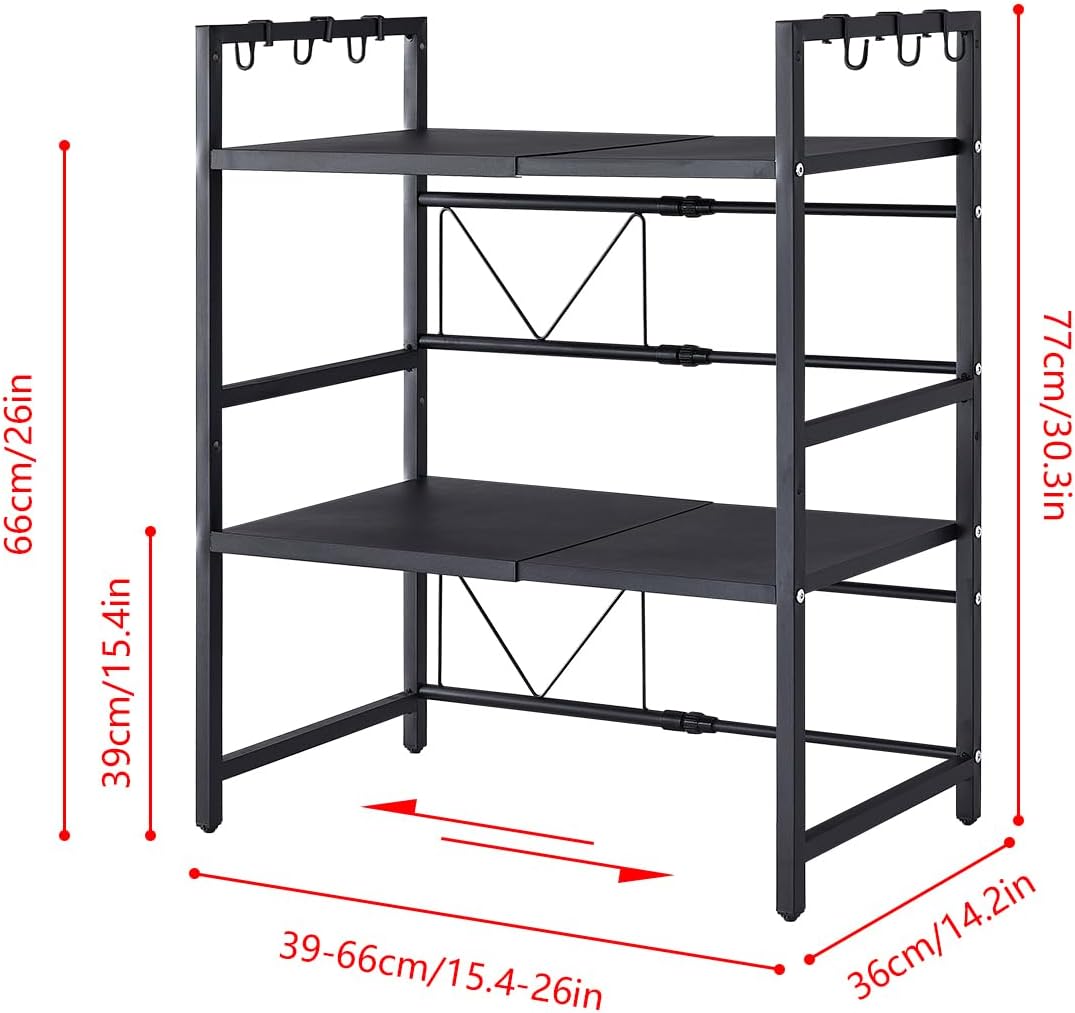 CARLA HOME 3-Tier Microwave Oven Rack with Adjustable Metal Kitchen Shelf Stand for Countertop Storage and 6 Hooks for Utensils - Image 7
