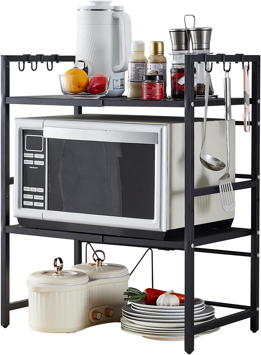 CARLA HOME 3-Tier Microwave Oven Rack with Adjustable Metal Kitchen Shelf Stand for Countertop Storage and 6 Hooks for Utensils - Image 8