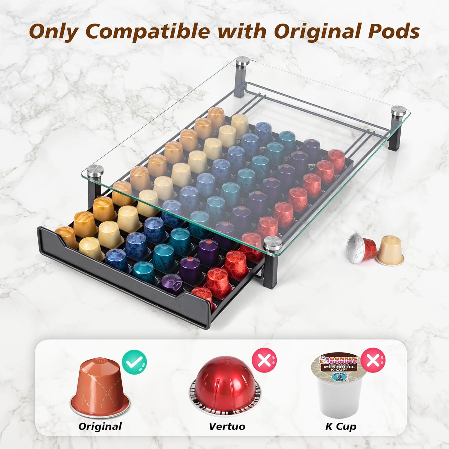 CARLA HOME 60 Coffee Pod Holder Drawer with Tempered Glass Capsule Organizer for Nespresso Pods and Sliding Drawer for Kitchen Countertop - Image 2