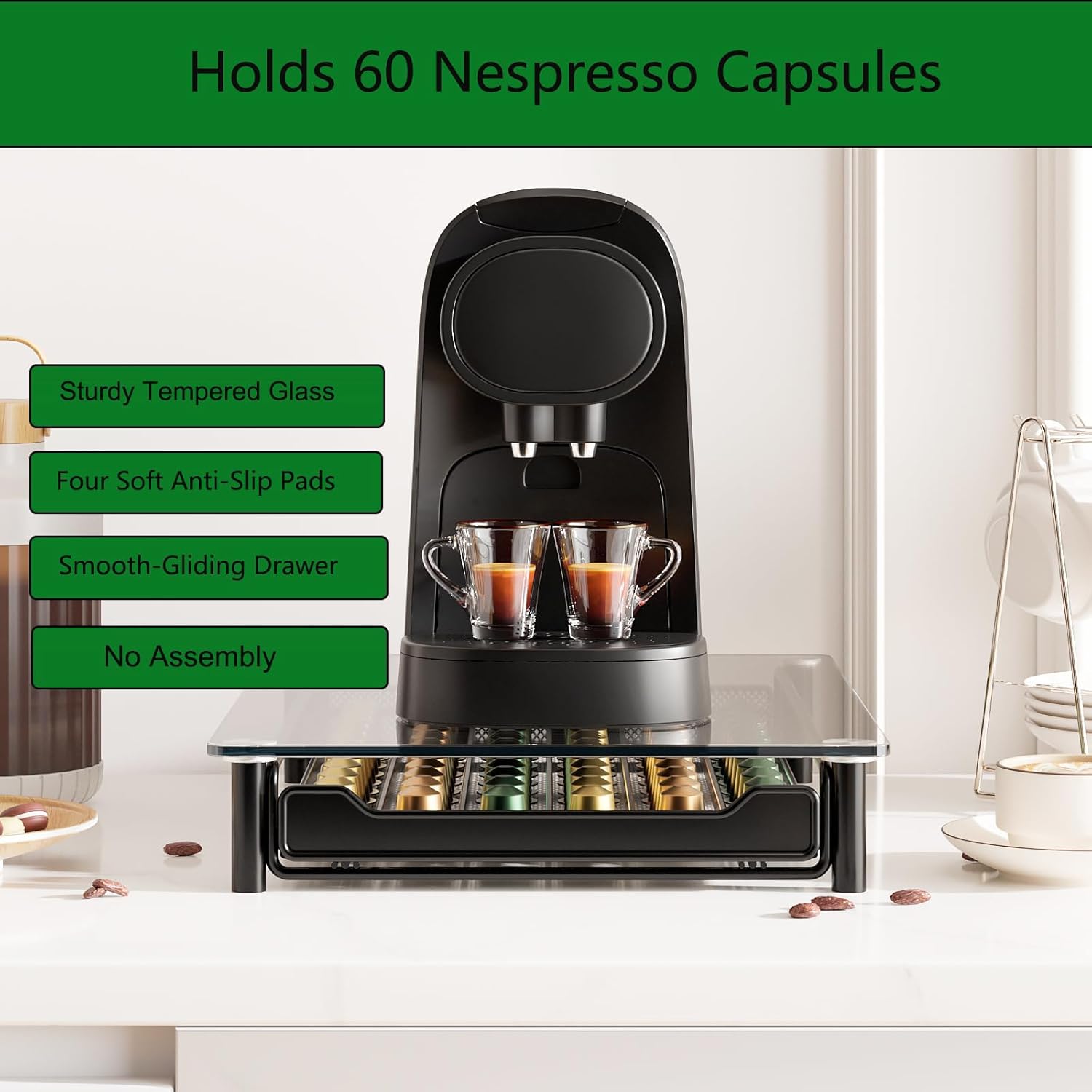 CARLA HOME 60 Coffee Pod Holder Drawer with Tempered Glass Capsule Organizer for Nespresso Pods and Sliding Drawer for Kitchen Countertop - Image 3