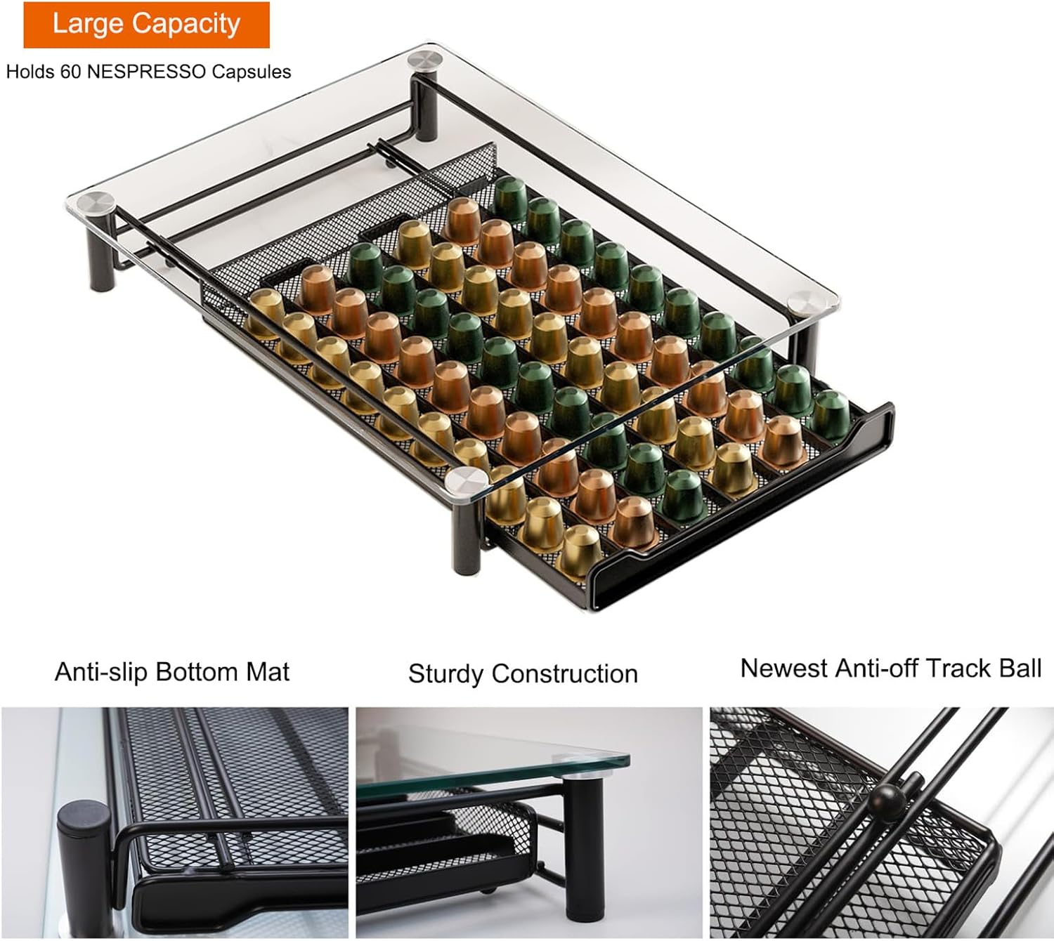 CARLA HOME 60 Coffee Pod Holder Drawer with Tempered Glass Capsule Organizer for Nespresso Pods and Sliding Drawer for Kitchen Countertop - Image 4