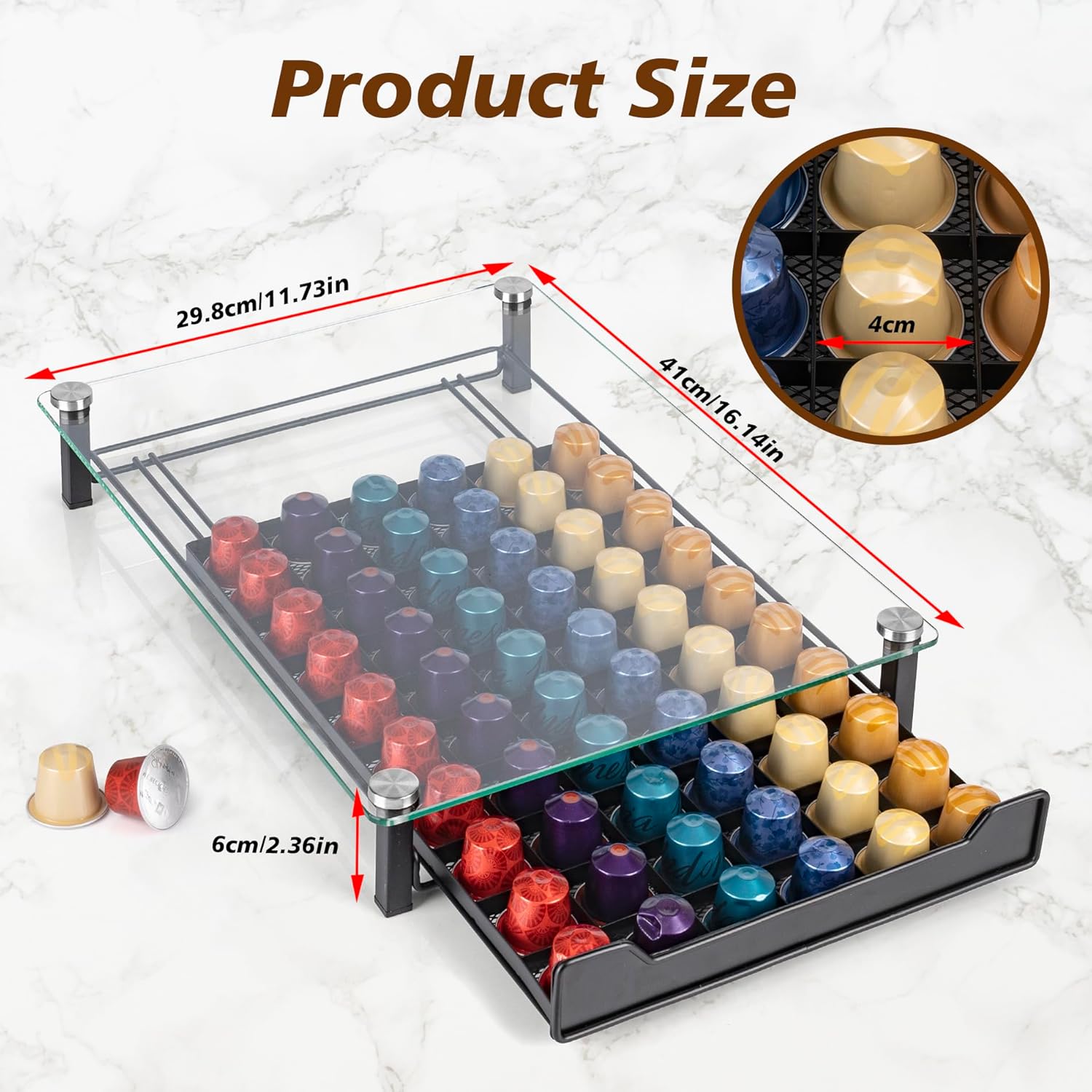 CARLA HOME 60 Coffee Pod Holder Drawer with Tempered Glass Capsule Organizer for Nespresso Pods and Sliding Drawer for Kitchen Countertop - Image 7