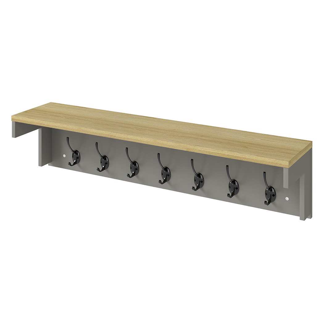 Levede Coat Rack Wall Mounted Shelf 7 Double Hooks Storage Entryway Hallway Grey - Image 9