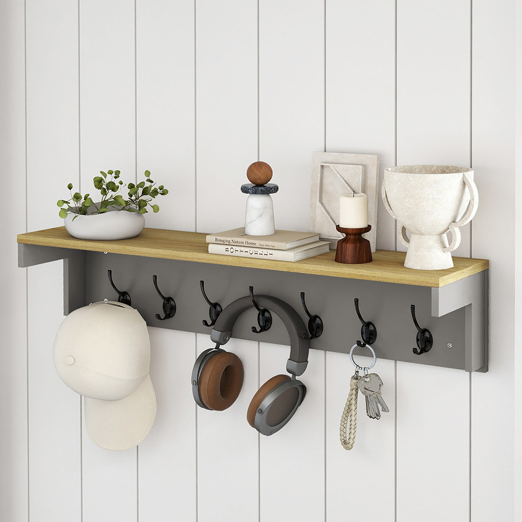 Levede Coat Rack Wall Mounted Shelf 7 Double Hooks Storage Entryway Hallway Grey - Image 8
