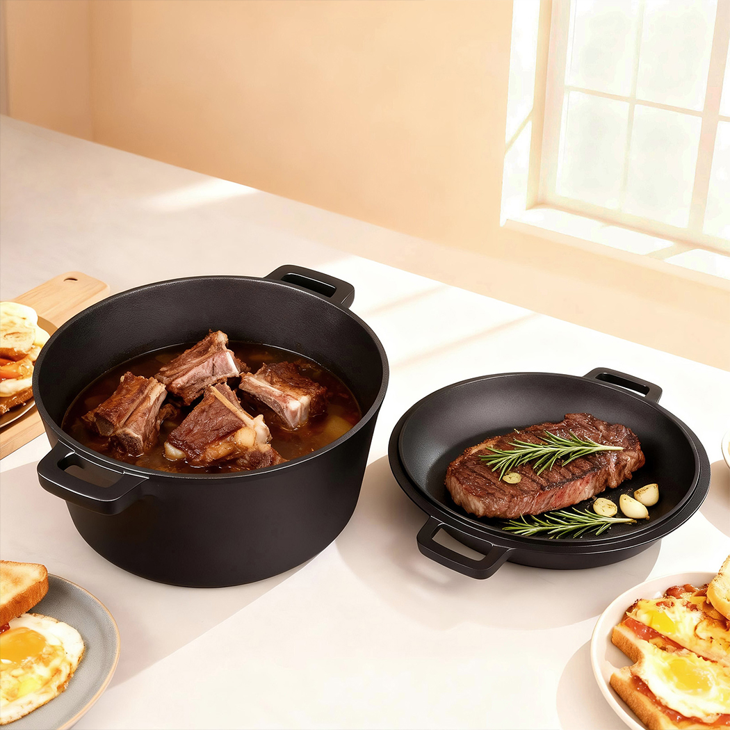 Toque 5.84L Double Dutch Oven 2 in 1 Cast Iron Pan - Image 7
