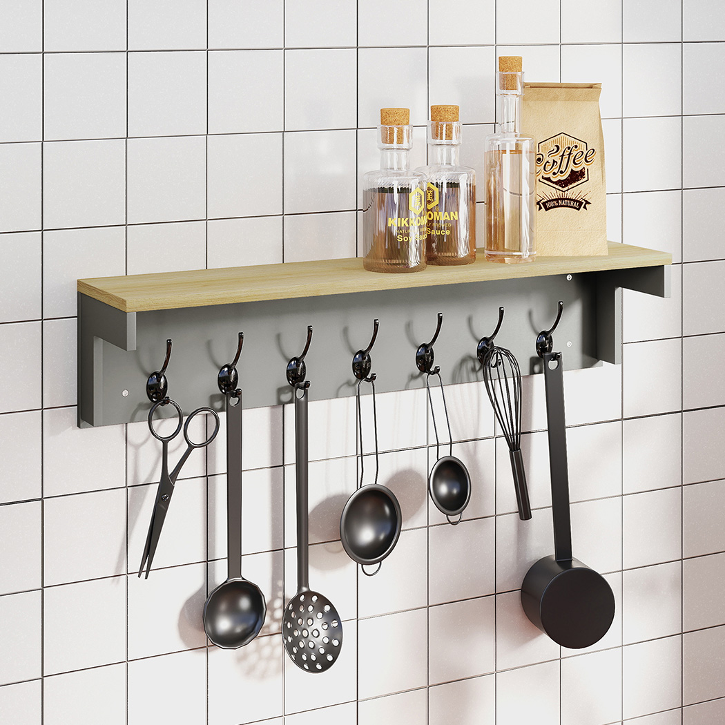 Levede Coat Rack Wall Mounted Shelf 7 Double Hooks Storage Entryway Hallway Grey - Image 7
