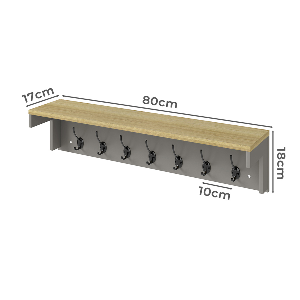 Levede Coat Rack Wall Mounted Shelf 7 Double Hooks Storage Entryway Hallway Grey - Image 3